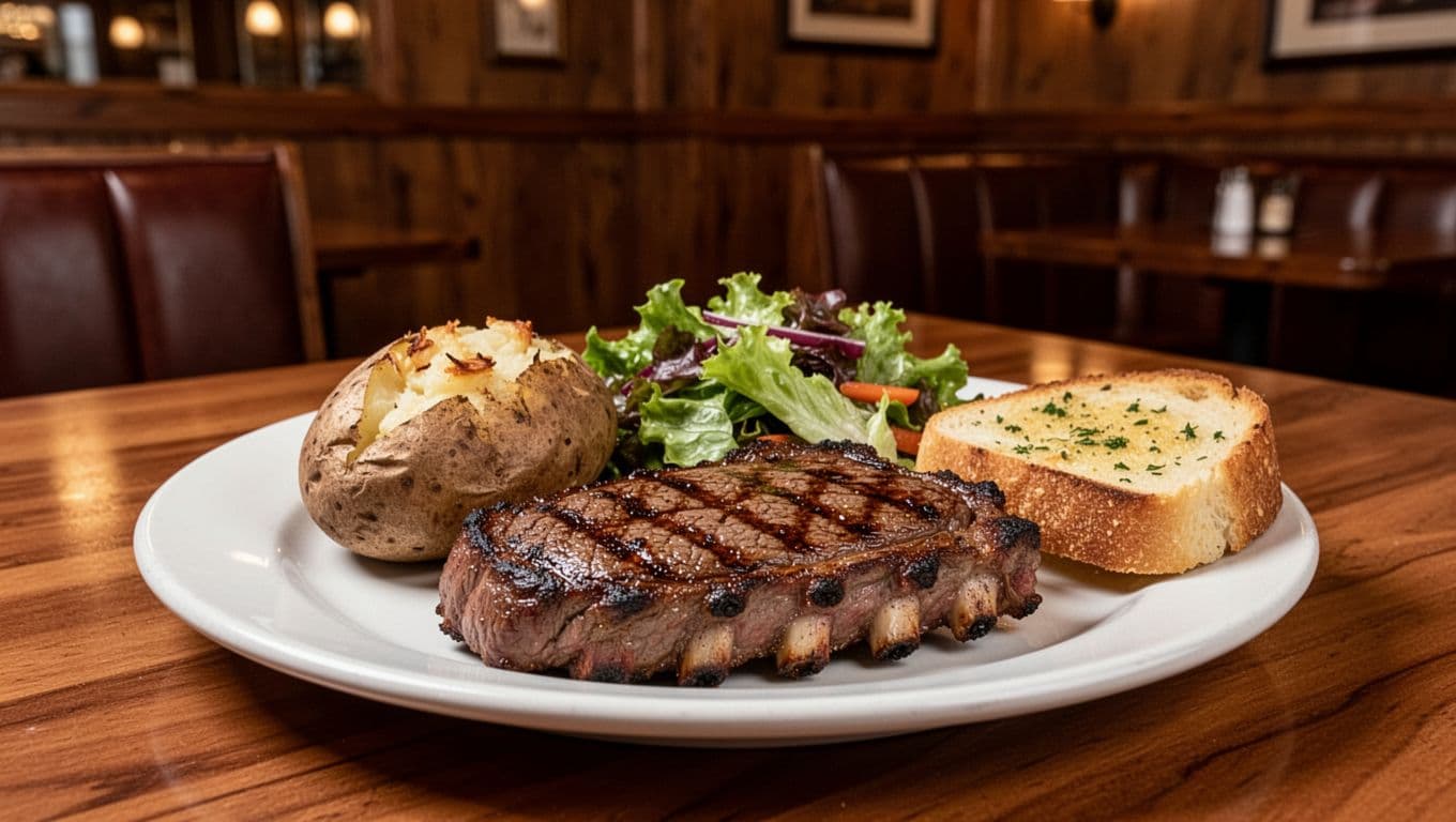 Hickory-grilled ribeye steak with baked potato, tossed salad, and garlic bread on white plate in wood-paneled steakhouse.