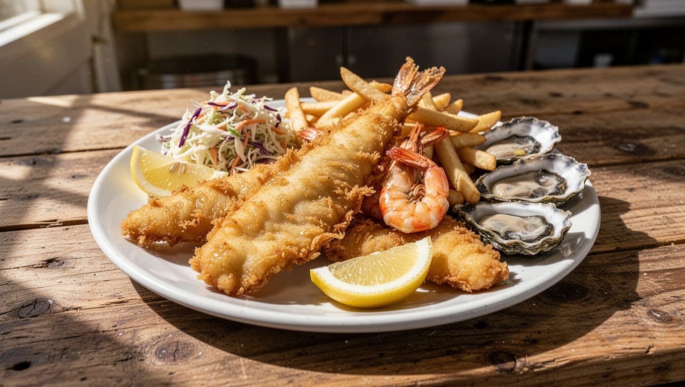 Fried fish, shrimp, and oysters on a plate with lemon wedges, coleslaw, and fries on rustic market counter under green 'Fish Market' header band.