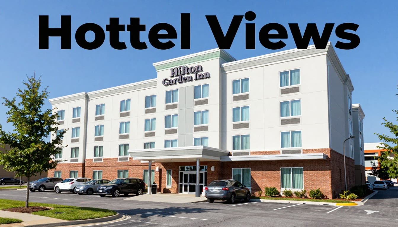 Modern Hilton Garden Inn-style hotel exterior in downtown Birmingham, Alabama, near the edge of a green park on a sunny day with natural light. Wide landscape composition focusing on clean architectural lines, front entrance, and valet parking area, featuring a #22C55E color band with 'Hotel Views' headline.