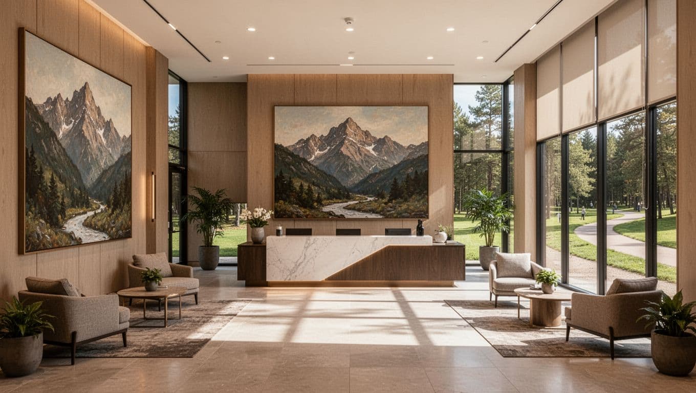 Contemporary hotel lobby in Gatlinburg with mountain artwork, comfortable seating, front desk, large windows showing park trails, and bright natural daylight. Wide-angle interior shot centered on reception in realistic style with earth tones and 'Downtown Base' headline overlay.