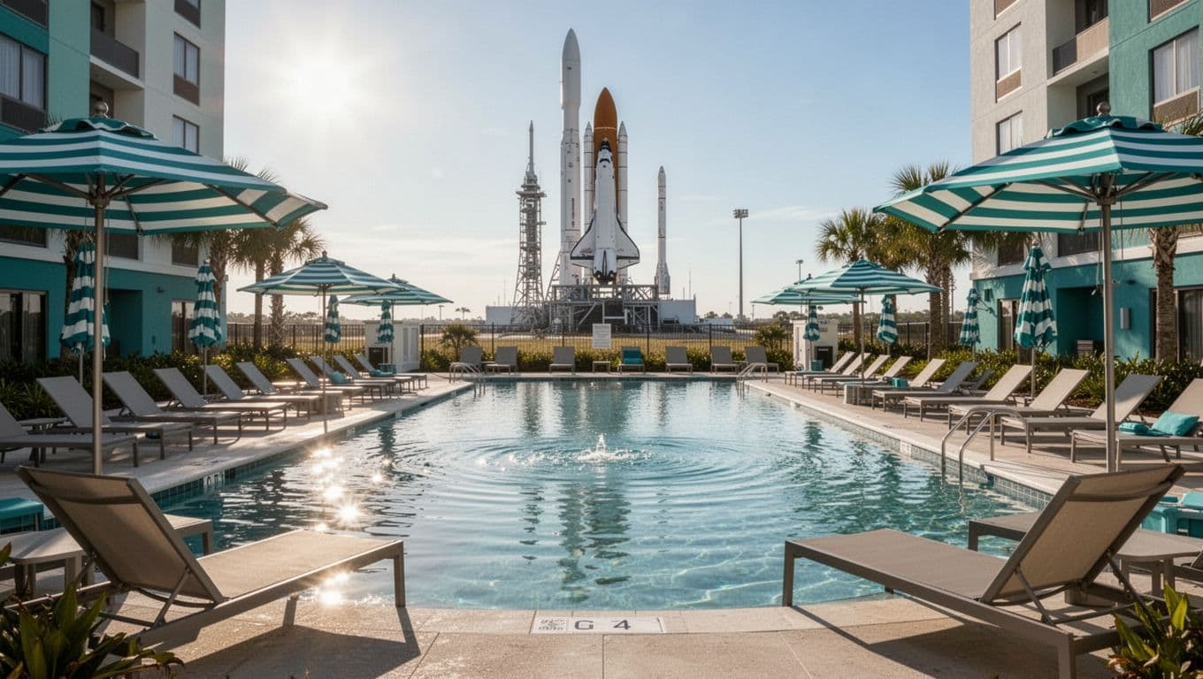 Photorealistic landscape view of the Hilton Garden Inn pool area near U.S. Space & Rocket Center in Huntsville, with lounge chairs, umbrellas, clear water, and distant rockets under sunny skies, evoking relaxation for a family.