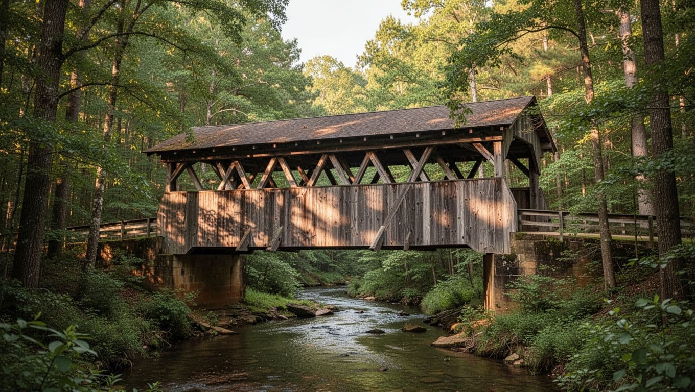 A photo-realistic view of a historic wooden covered bridge spanning a creek in the lush woods of Sumter County, Alabama, surrounded by greenery. Bold editorial style features a 'Local Sights' headline in Title Case on a vibrant green (#22C55E) band near the top.