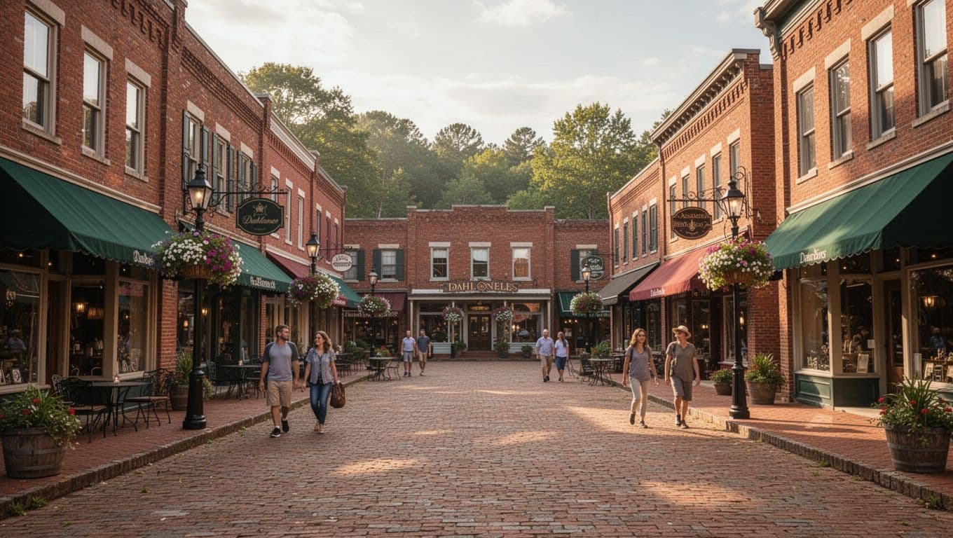 Historic Dahlonega town square with charming shops and restaurants in the foreground, people walking casually in warm afternoon sunlight casting soft shadows on brick buildings.