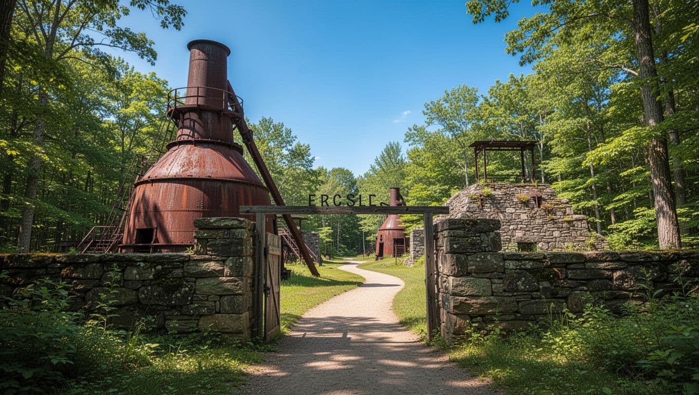 Wide sunny landscape of historic ironworks park in Alabama featuring old furnaces, stone structures, green forests, and trails leading to the entrance and path under blue skies, topped with bold 'Local Attractions' header band.