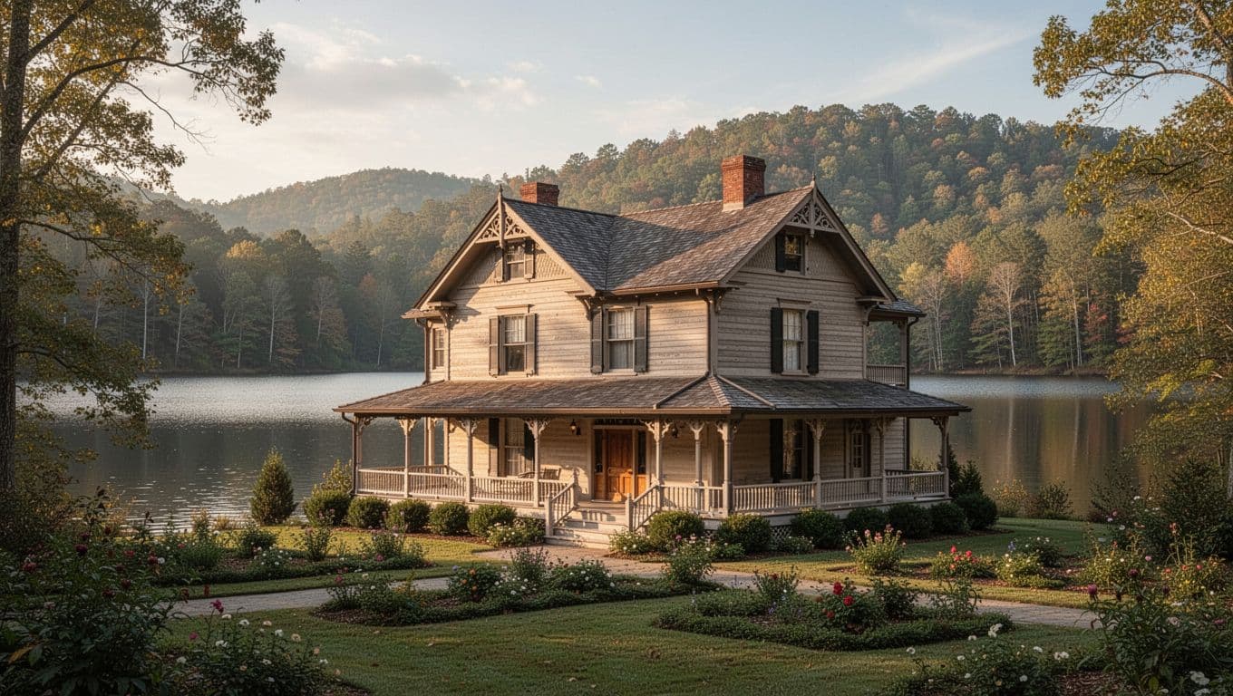 Historic 1920s mountain lodge exterior on Lake Rabun, wooden building with porch and garden in foreground, lake and forested hills behind, golden hour sunlight, realistic photography style, no people. Bold branded editorial style with large headline 'Lake Rabun Hotel' on edge-to-edge green fill band near top.