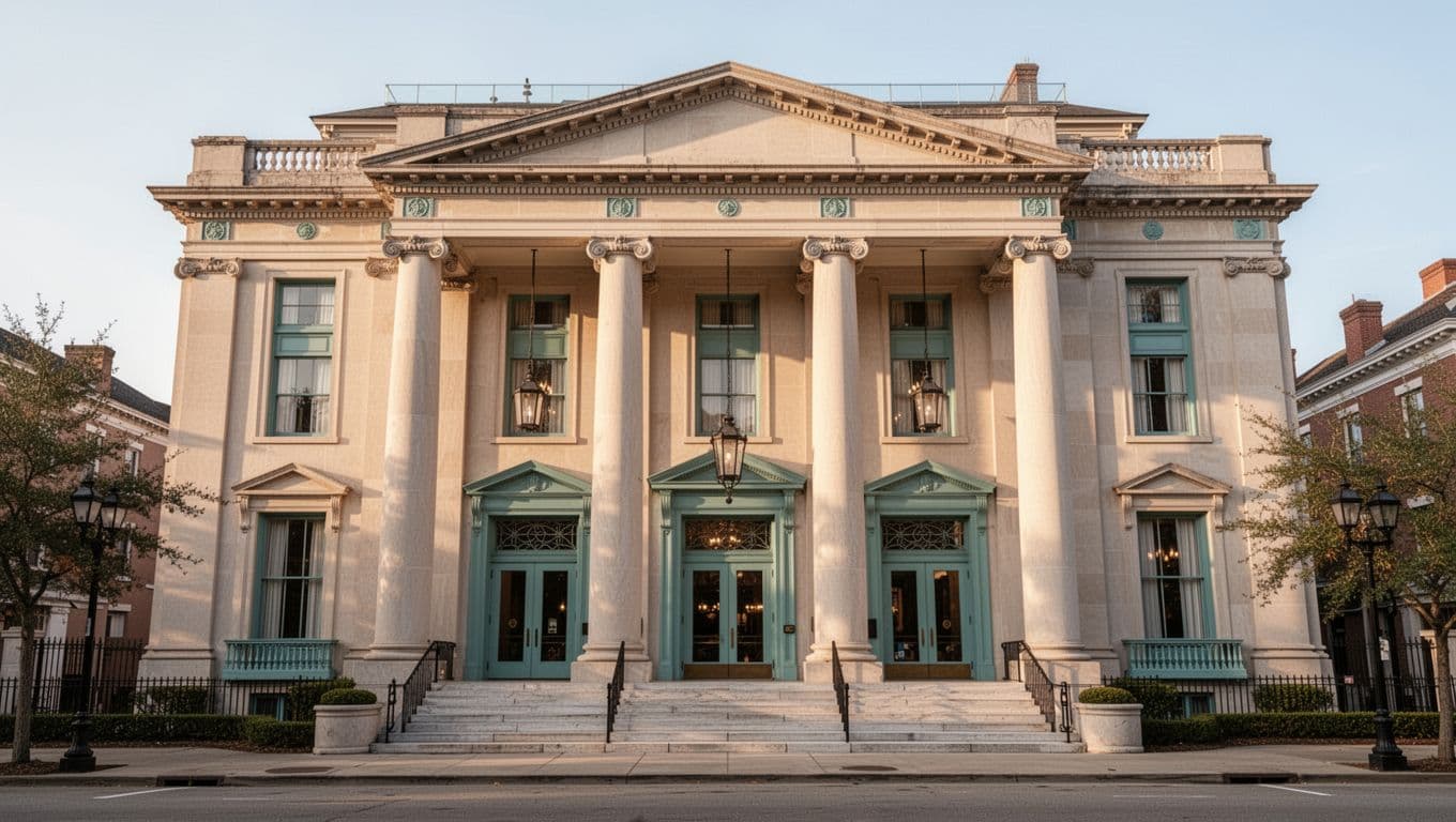 Photorealistic view of a historic luxury hotel facade in downtown Mobile, Alabama, near the convention center, showcasing elegant columns, entrance, and steps under a clear sky with soft afternoon light. Features a bold 'Historic Luxury' headline in green sans-serif font across the top.