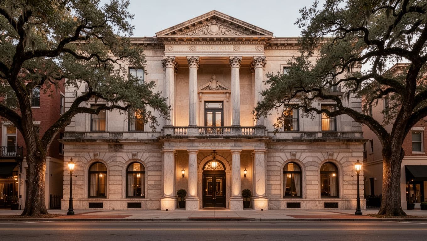 Grand historic luxury hotel exterior like Battle House Renaissance in downtown Mobile, with elegant columns, balcony, oak-lined street, and soft evening glow centered on main entrance.
