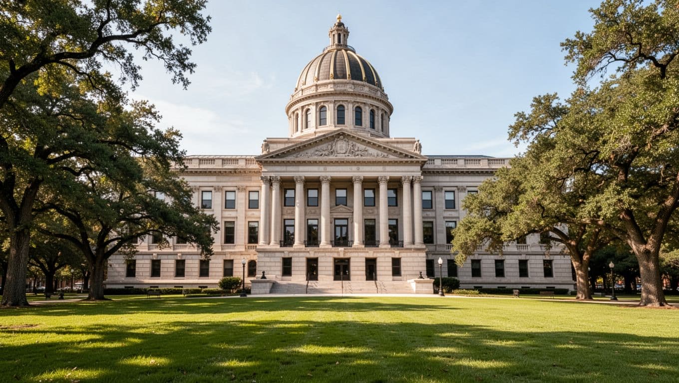 Front exterior of the historic Sumter County Courthouse in Livingston, Alabama, a Beaux-Arts style building with columns and dome on green lawn with trees under clear daytime sky.