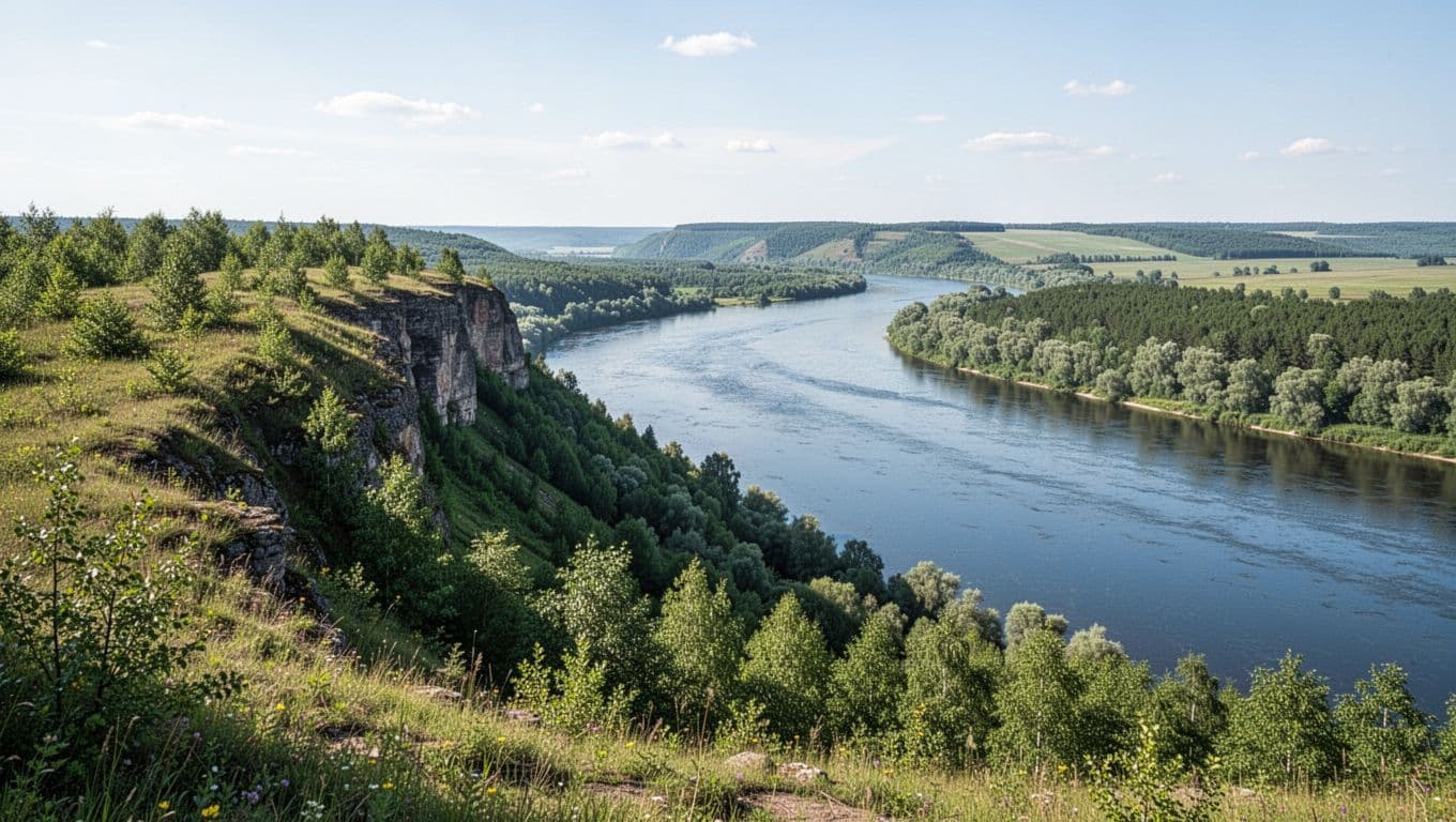 Panoramic realistic landscape from a green forested bluff overlooking the calm blue Coosa River valley in Hokes Bluff, Alabama, with distant hills in sunny midday light. Features bold branded editorial headline 'HOKES BLUFF' on an edge-to-edge #22C55E color band at the top in Montserrat Black font.