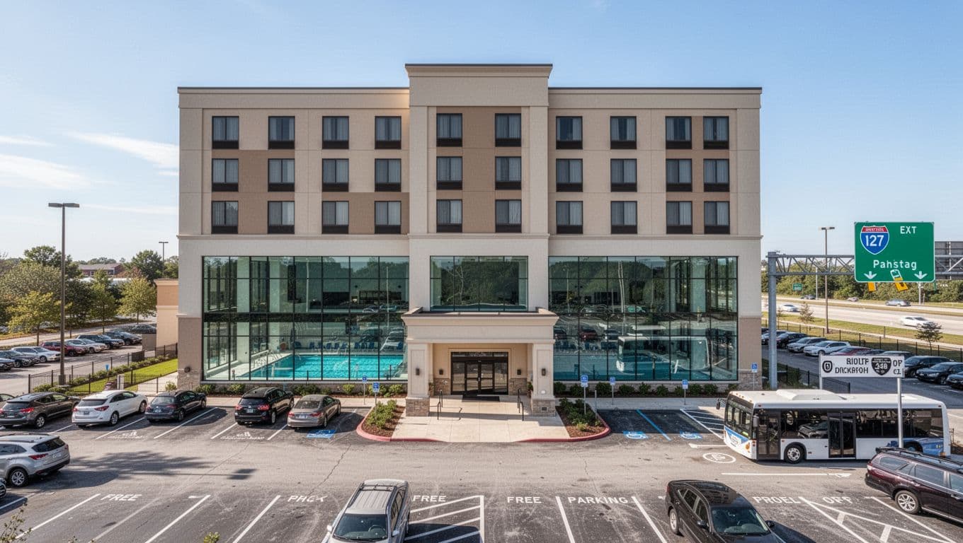 Exterior of the four-story Holiday Inn Birmingham-Airport hotel with visible indoor pool, free parking lot, and shuttle bay in front, centered on main entrance under sunny daytime skies near interstate sign, realistic photo with bold 'Top Choice' headline overlay.