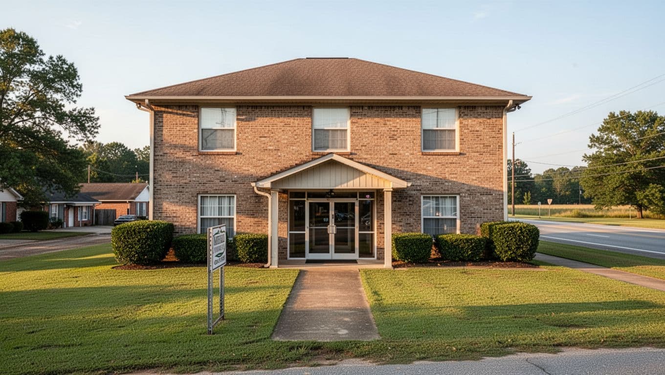Scenic exterior of Holiday Inn Express hotel in small town Alabama countryside with green lawns and highway sign, bright afternoon light focusing on entrance.