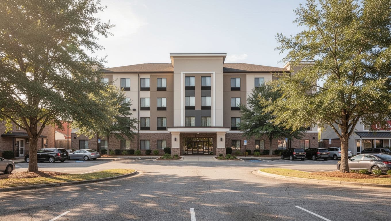 Modern hotel exterior in Enterprise, Alabama near Fort Novosel military base, sunny afternoon light on clean facade with parking lot and trees, realistic landscape photography.