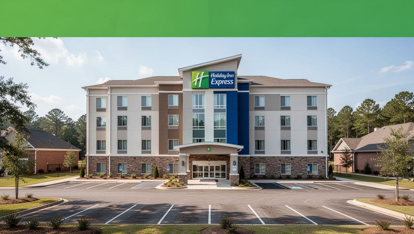 Modern Holiday Inn Express hotel exterior in a quiet rural Alabama neighborhood, centered on the front entrance and parking lot with bright natural daylight. Features a top green banner with 'McCalla Hotels' headline in bold sans-serif typography.