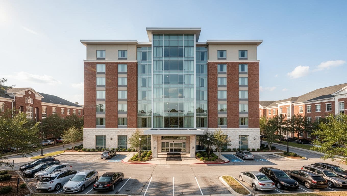 Modern exterior of Holiday Inn hotel across from university campus in Mobile, Alabama, with bold 'Closest Hotel' headline in green band, realistic photo style under clear daytime sky.