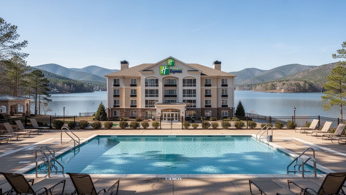 Holiday Inn Express hotel poolside exterior with stunning lake view in Alabama mountains, bright sunny day, wide landscape centered on building and water with bold NEARBY PICKS headline band.
