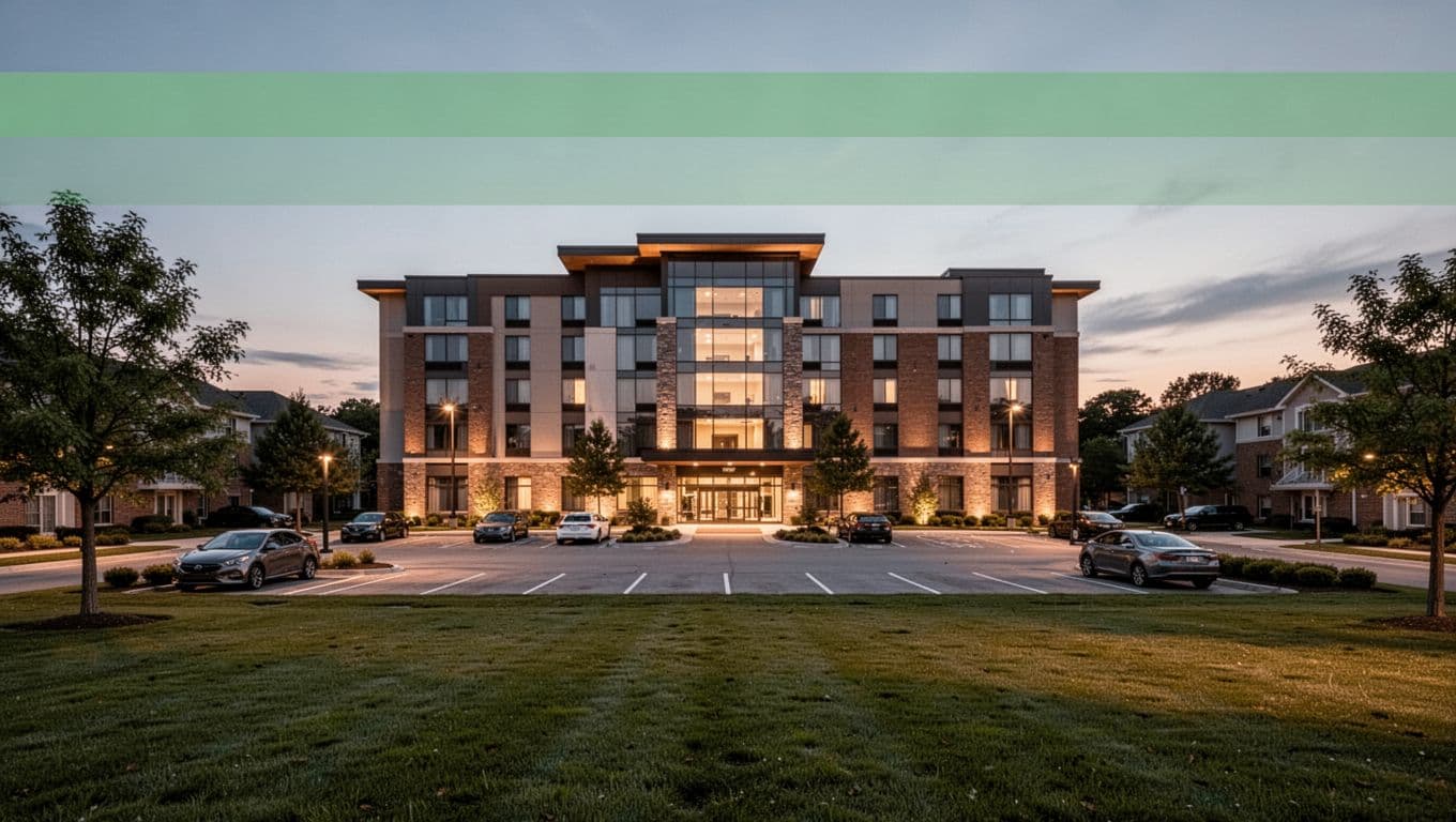 Exterior view of a modern Holiday Inn Express hotel in Saraland, Alabama at dusk with welcoming entrance lights, parking lot, and lush green lawns. Features bold 'Nearby Stays' headline on a green band for top hotels near Chickasaw.