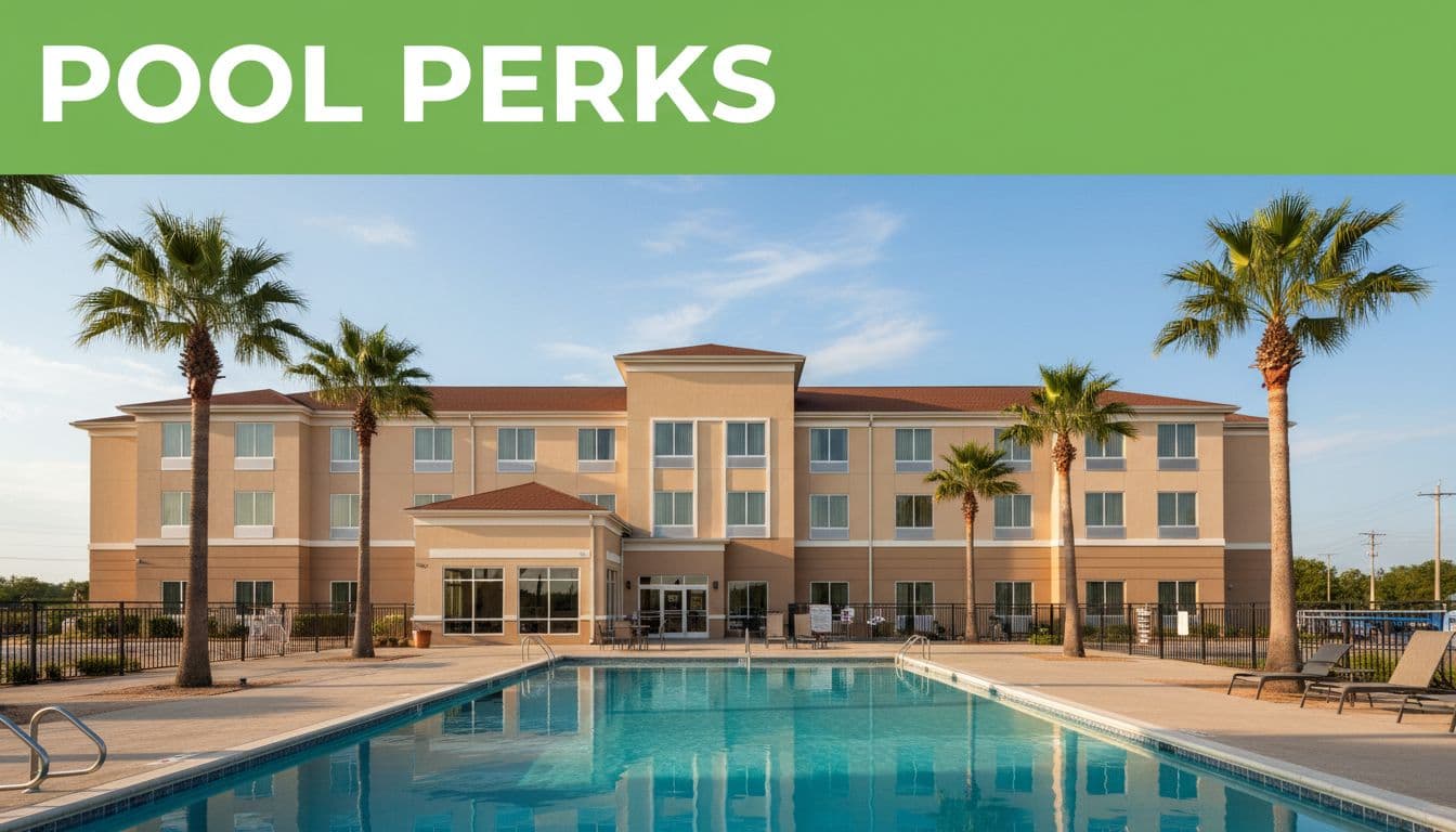Outdoor pool and exterior of Holiday Inn Express hotel in Selma, Alabama, featuring palm trees, blue sky, and warm afternoon sunlight in an inviting resort-like landscape composition near historic downtown.