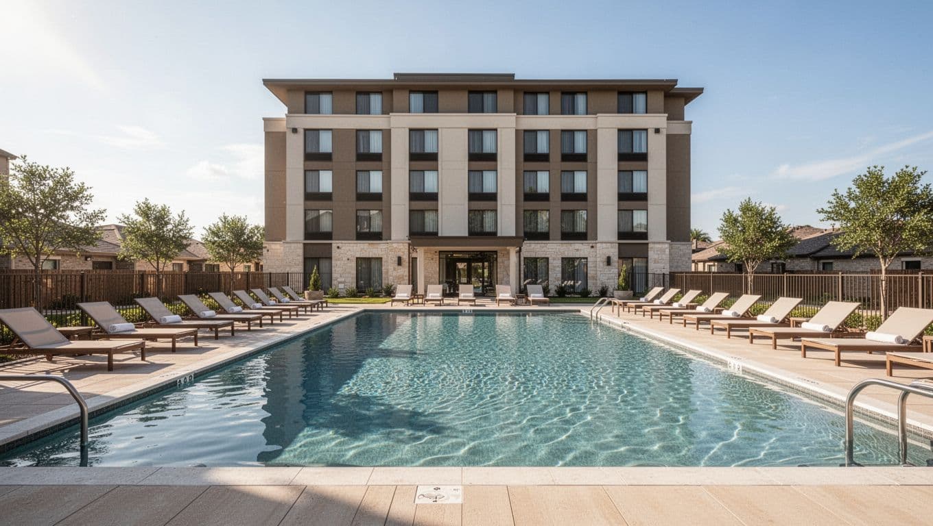 Outdoor pool with lounge chairs beside hotel building on sunny day.