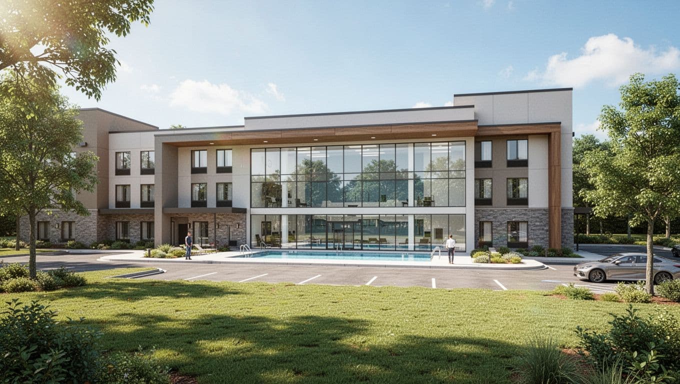 Modern hotel exterior of Holiday Inn Express in Sylacauga, Alabama, on a sunny day with green lawns, welcome sign, and visible indoor pool through windows. Bold branded headline 'Top Sylacauga Stay' on a green color band, wide landscape view.