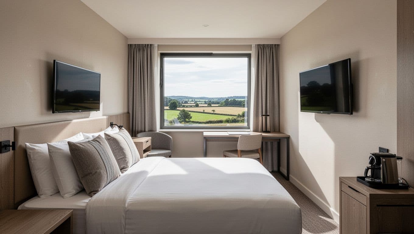 Clean modern hotel room interior at Holiday Inn Guin with queen bed, pillows, wall-mounted flat-screen TV, desk and chair by window with rural view, coffee maker on side table, neutral decor, and bright natural light. Wide-angle photorealistic composition featuring a bold green header band with 'Hotel Amenities' title, no people or clutter.