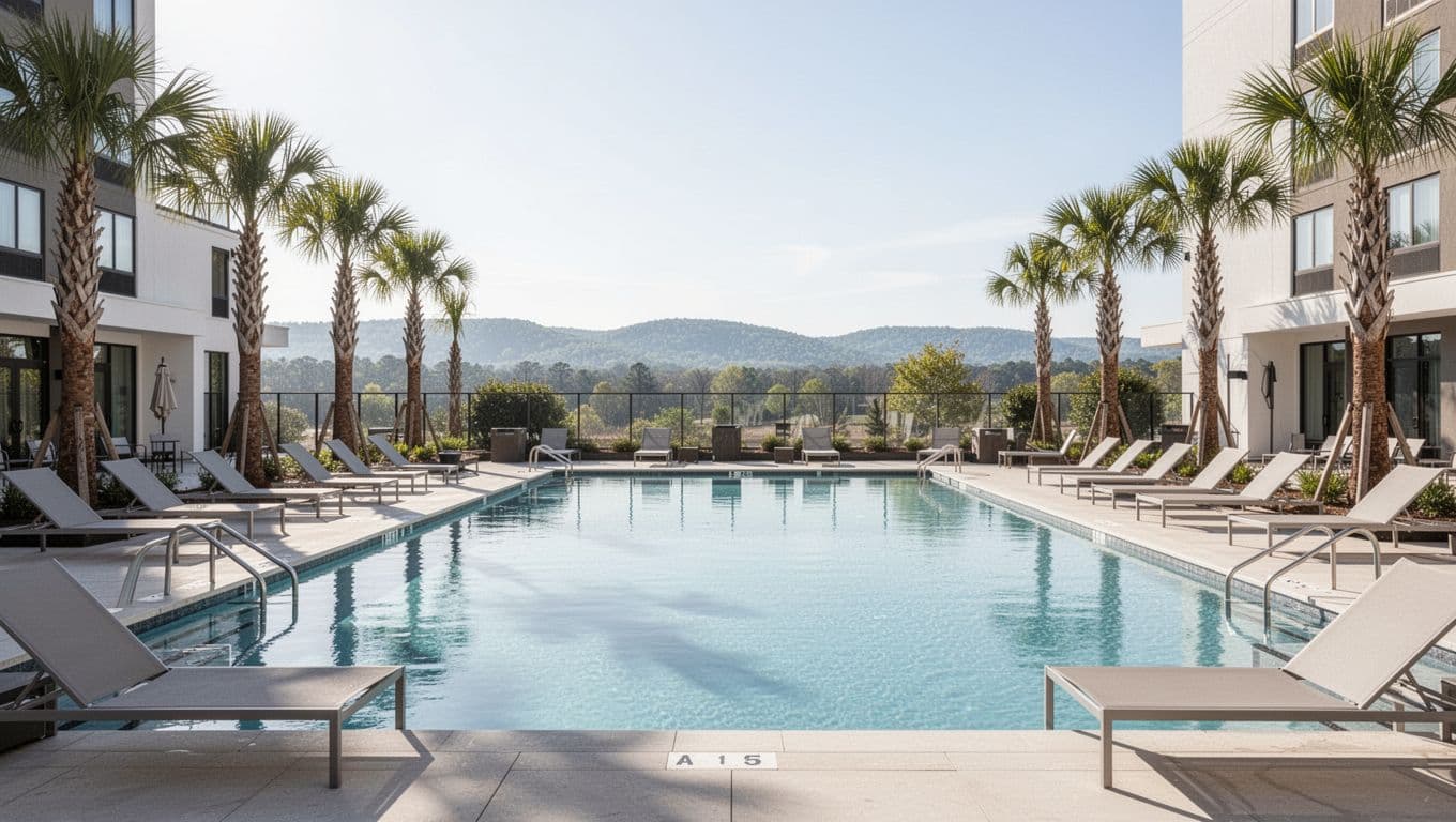 Modern outdoor hotel pool at Holiday Inn in Pelham, Alabama, on a sunny day with clear blue water, lounge chairs, palm trees, and distant Shelby County hills in wide-angle composition.