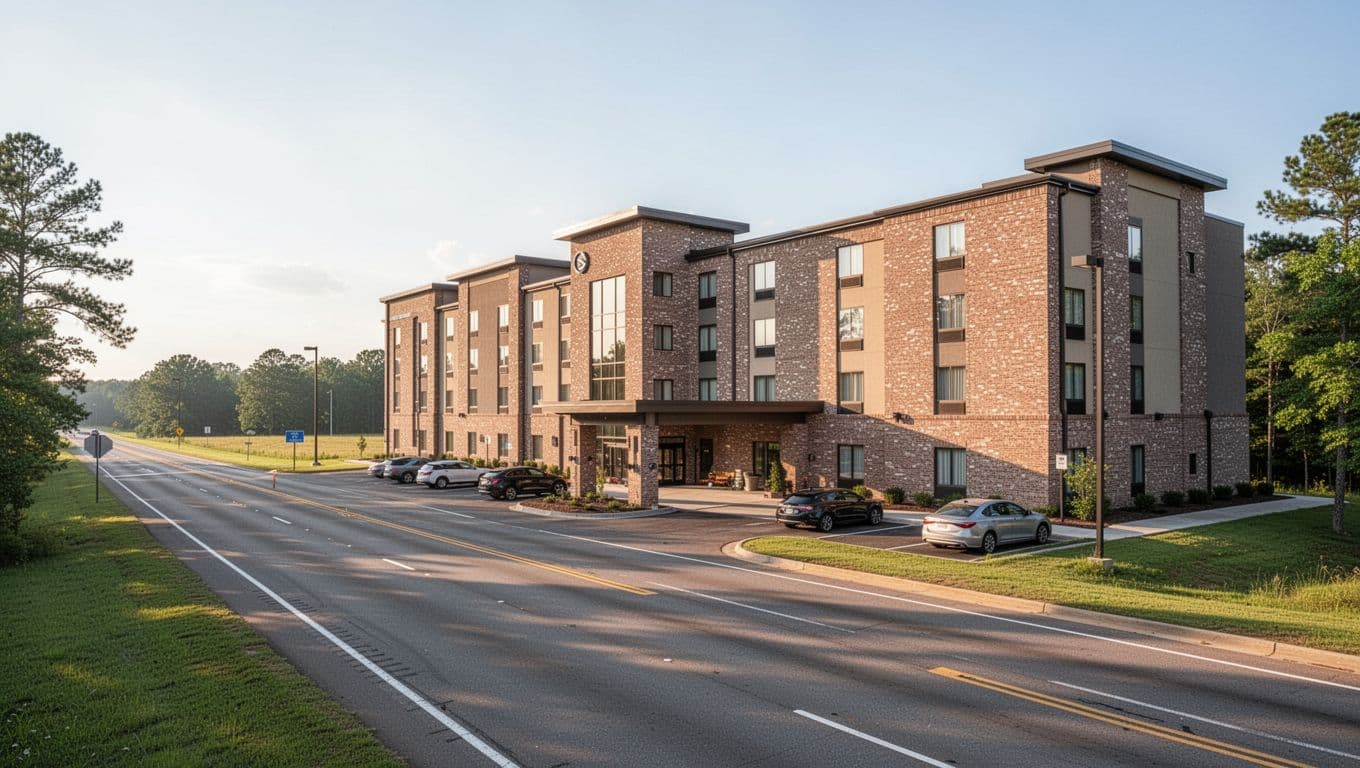 Modern hotel building exterior in rural Alabama near highway, sunny afternoon light casting soft shadows on brick facade and parking lot with few cars, wide landscape focusing on entrance.