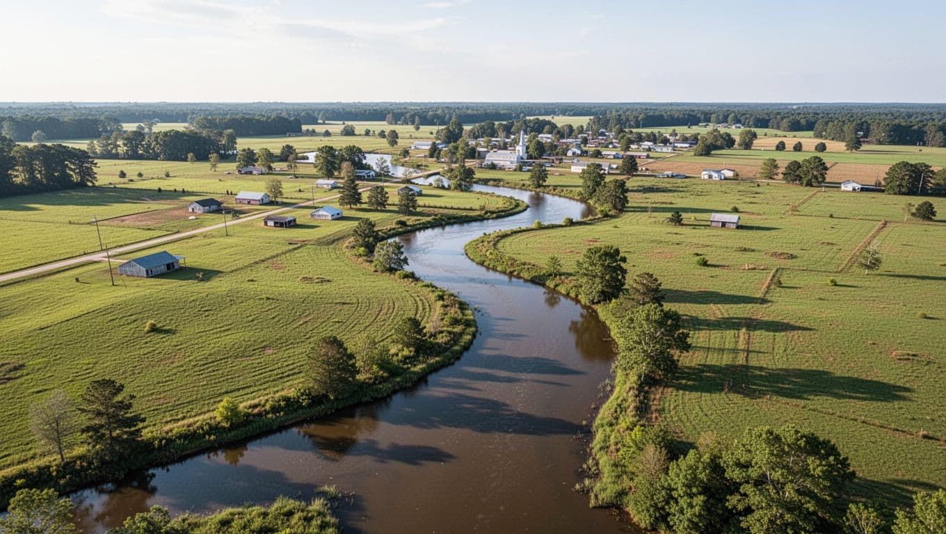 Aerial daytime view of a winding river through green fields and countryside near Holtville, Alabama, featuring a bold 'Holtville Views' headline in a green band at the top.