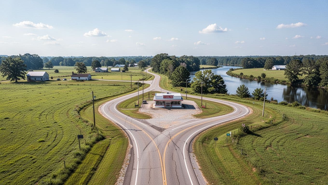 Aerial view of rural Alabama road leading to central diner, green fields, farmhouses, distant river under clear sky, topped with green 'HOLTVILLE EATS' banner.