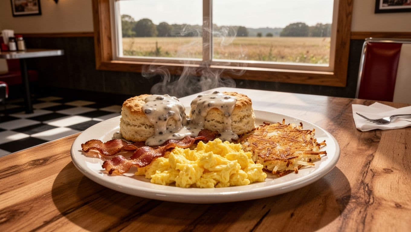 Plate of biscuits in gravy, scrambled eggs, bacon, hashbrowns on wooden diner table with checkered floors and field view.