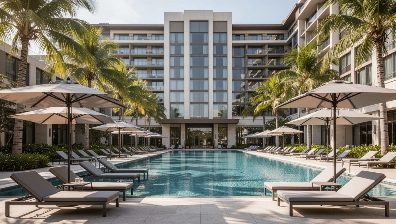 Photorealistic exterior of an upscale hotel pool area in Homewood, AL, with lounge chairs, umbrellas, palm trees, centered building facade, and 'POOL OASIS' headline on a green top band, sunny afternoon landscape.