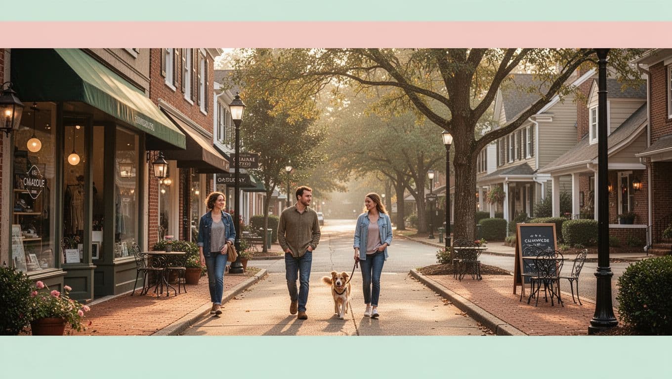 Tree-lined Homewood street with boutique shops, cafes, homes, three window shoppers, and leashed dog under green Homewood header band.