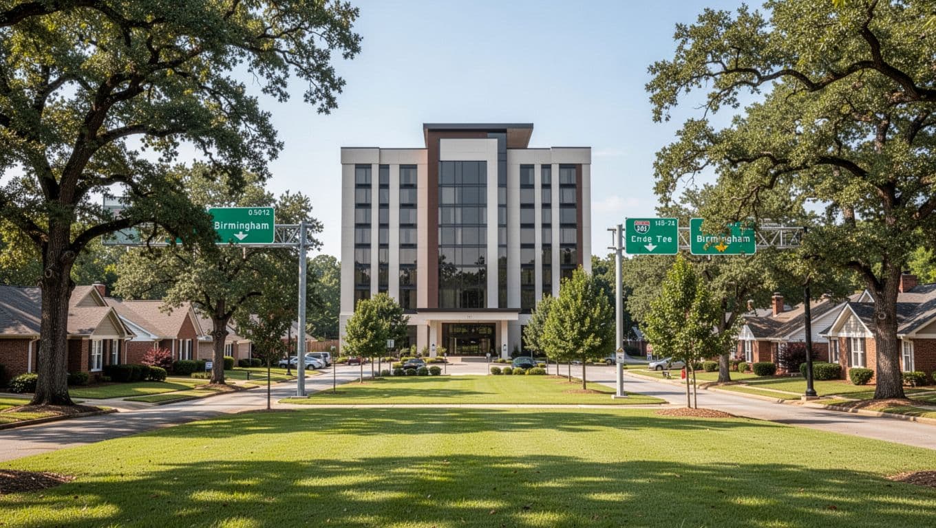 Realistic daytime photo of Homewood, Alabama's suburban neighborhood with modern hotels in the background, green lawns, oak trees, and highway signs to Birmingham, featuring a centered focal hotel building under a top green header band with bold 'HOMEWOOD STAYS' text.