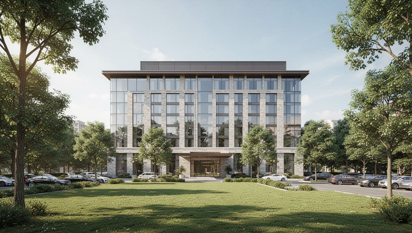 Modern hotel exterior like Courtyard Marriott in Homewood Alabama near Samford University, with green lawns, trees, parking lot, wide landscape view in bright daylight and clean architecture. Features bold 'Homewood Hotels' headline in #22C55E color band at top.