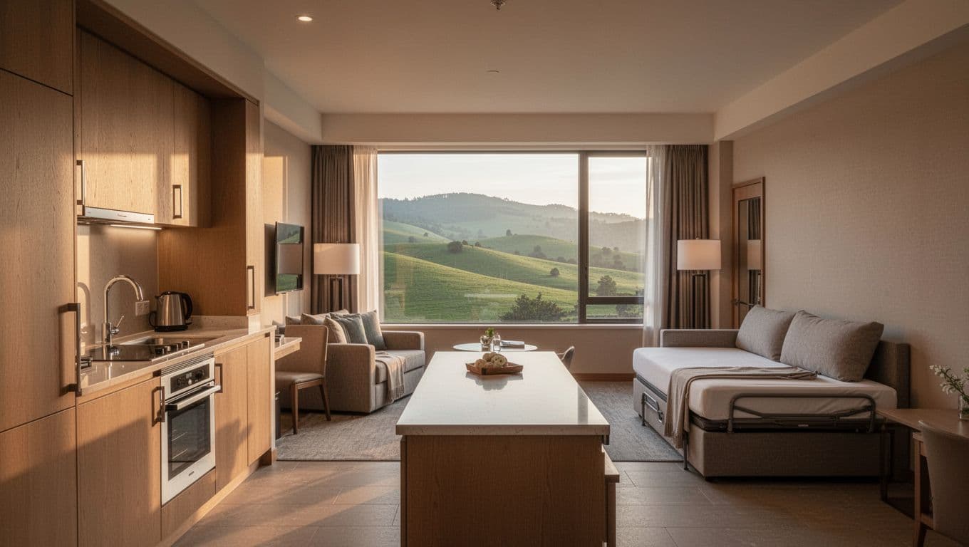 Spacious open-plan hotel suite kitchenette in Homewood Suites near Helena, Alabama, with morning light, sofa bed, full kitchen counter, and green hills view through window.