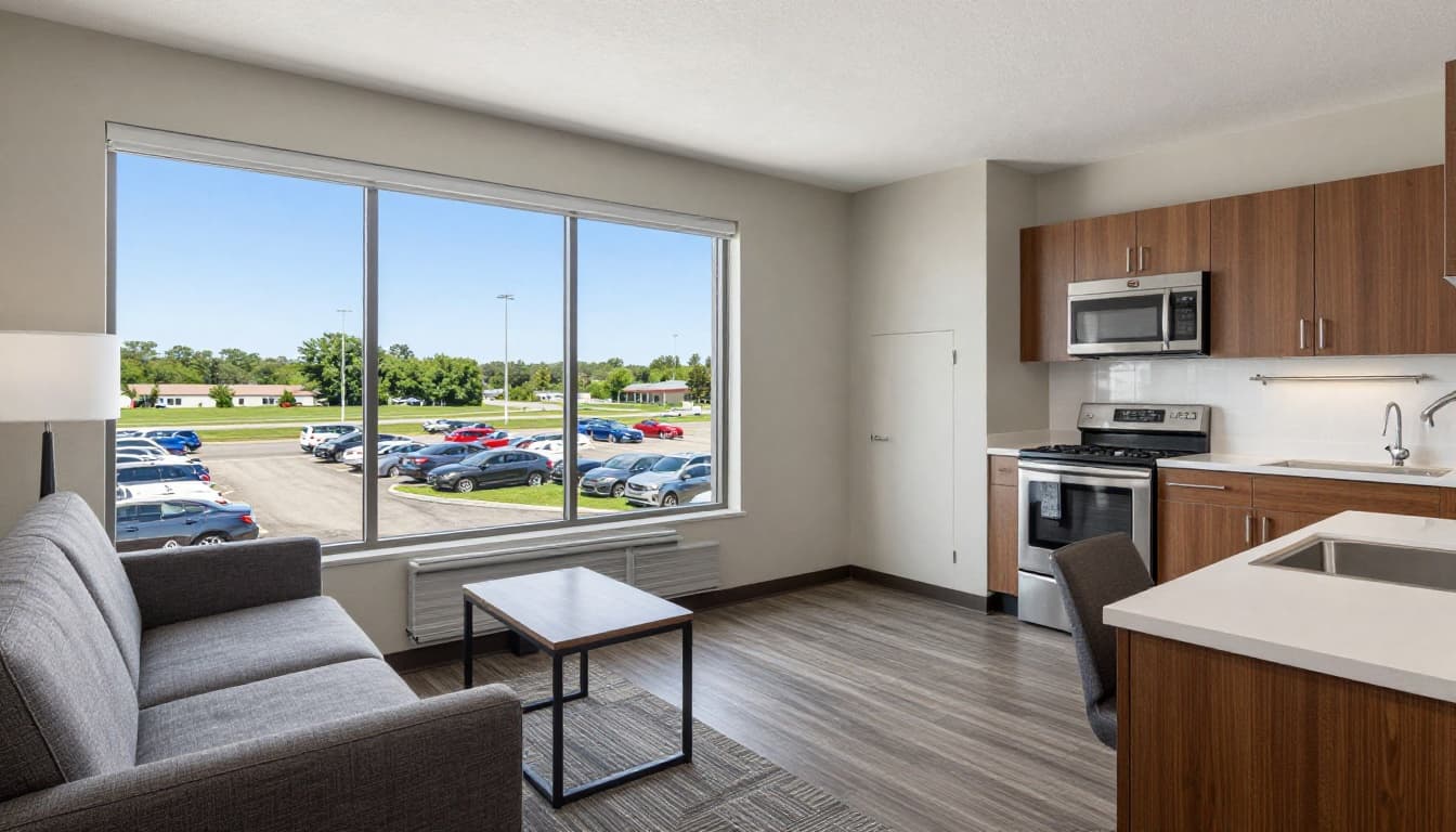 Realistic photo of a spacious hotel suite featuring full kitchenette, sofa bed, large window overlooking airport parking lot, modern decor, natural daylight, one room in focus, no people, text, or logos.