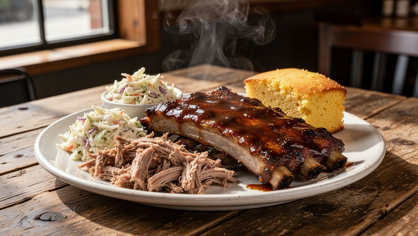 Steaming plate of BBQ ribs, pulled pork, coleslaw, cornbread on wooden table under green HONORABLE PICKS band.
