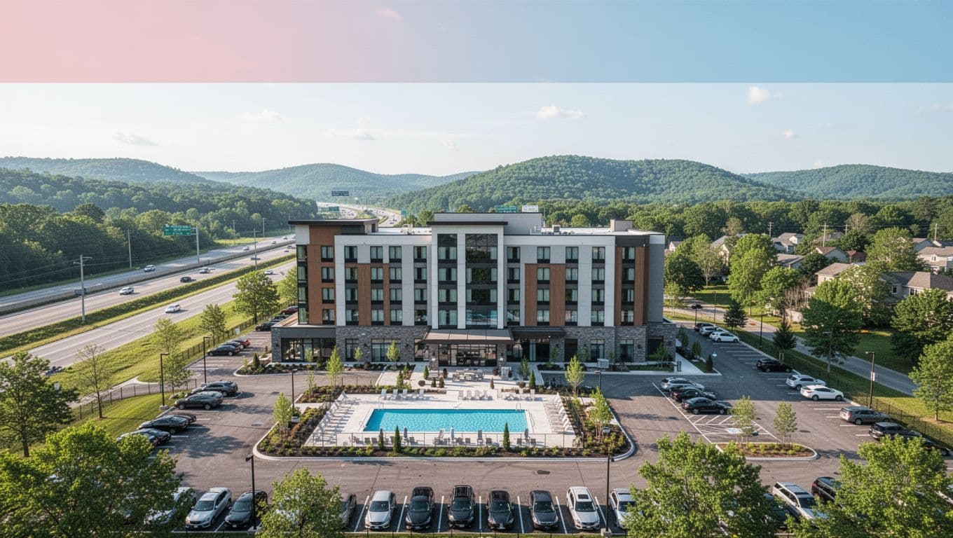 Contemporary hotel building in suburban setting near interstate with outdoor pool, ample parking, and distant wooded hills in bright daylight landscape view.