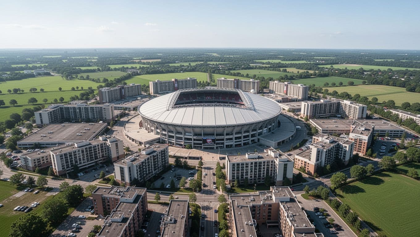 Aerial view of Hoover Metropolitan Arena complex in Hoover, Alabama, surrounded by nearby hotels and green fields under a clear daytime sky, featuring a bold 'Hoover Met Hotels' headline band at the top.