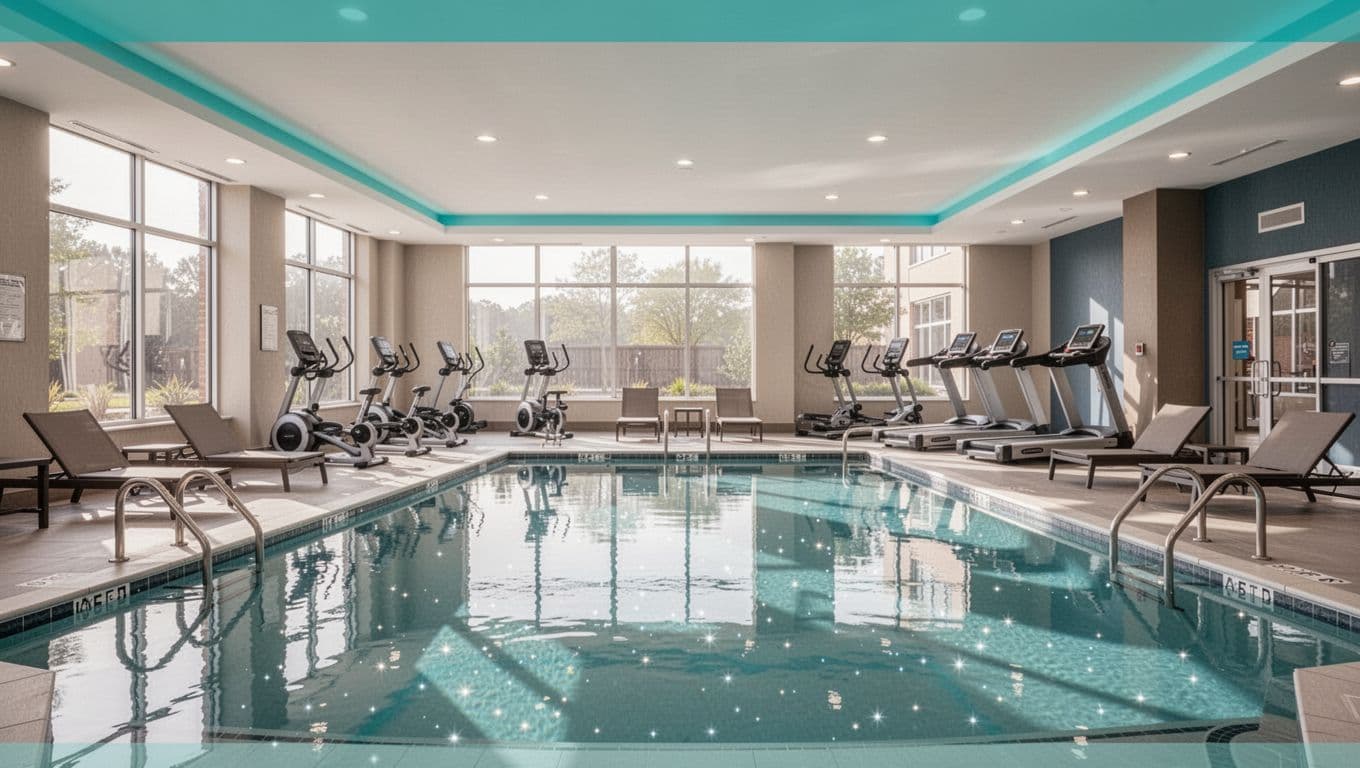 Empty modern hotel amenities area with swimming pool, gym machines, lounge chairs, and green top band with 'Key Amenities' headline.