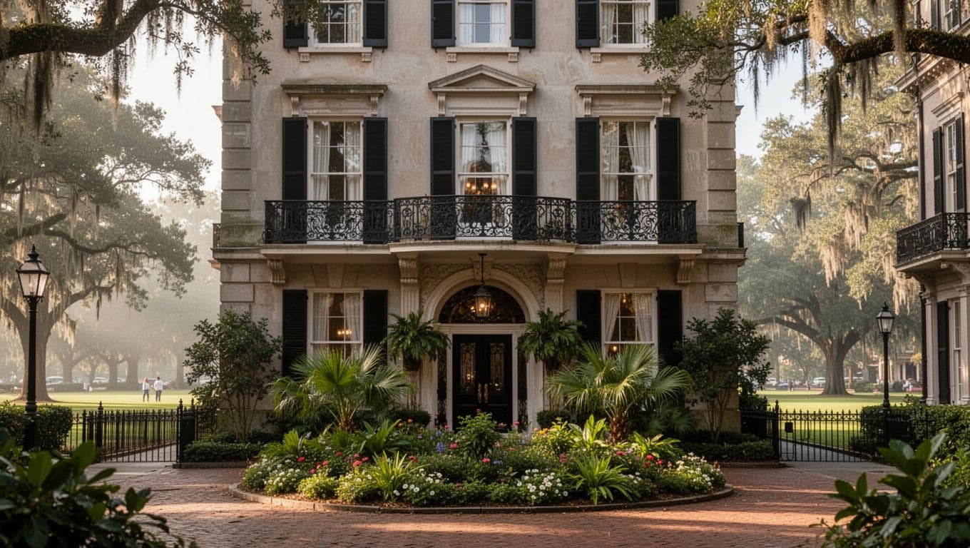 Exterior street view of elegant historic mansion Hotel Bardo in Savannah, overlooking Forsyth Park with wrought iron balconies and lush garden entry, soft morning light, branded green header with 'Historic Stay' headline.