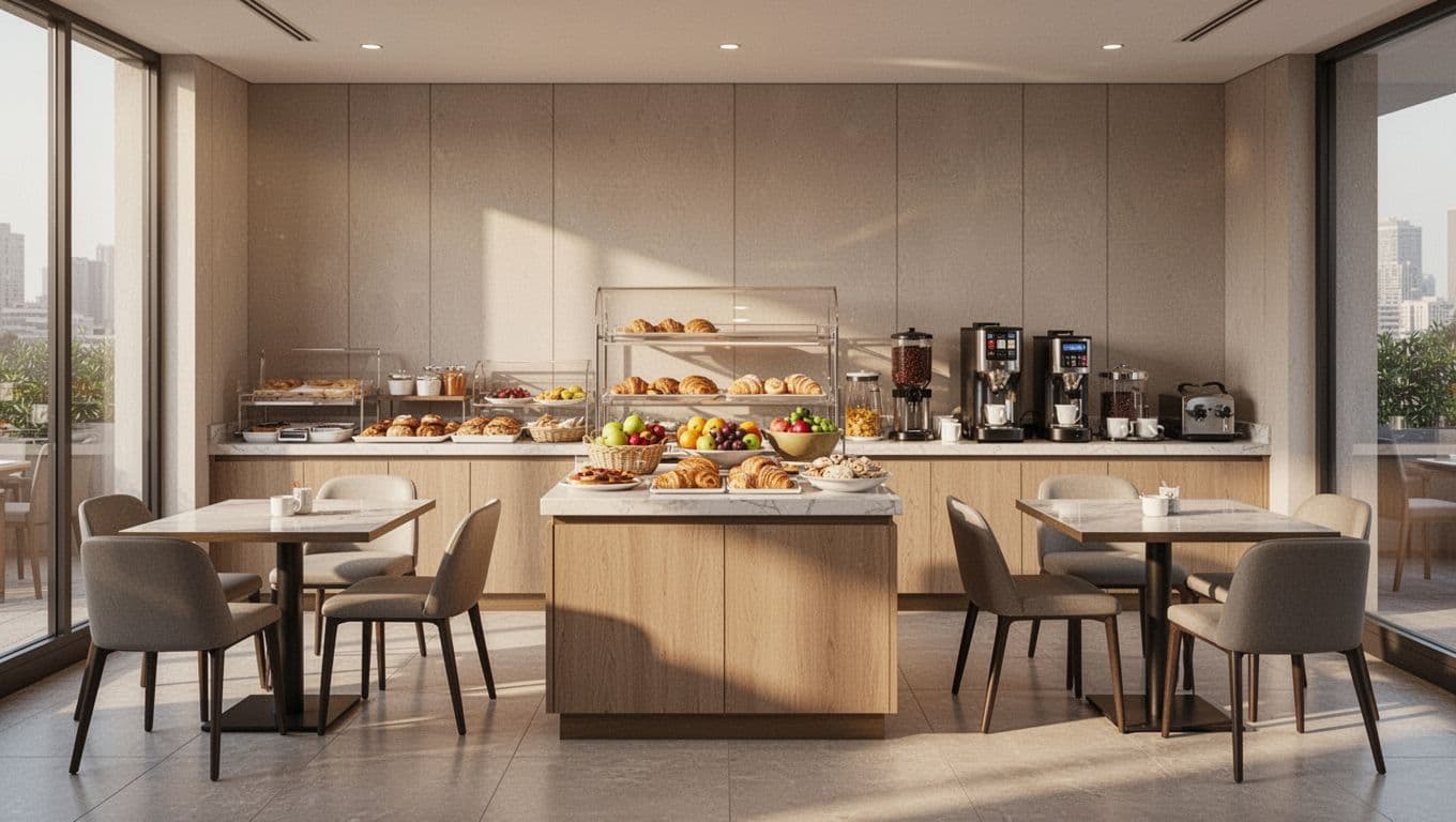 Bright indoor hotel breakfast buffet area in a modern clean setting, centered on serving station and seating with soft morning light through windows.