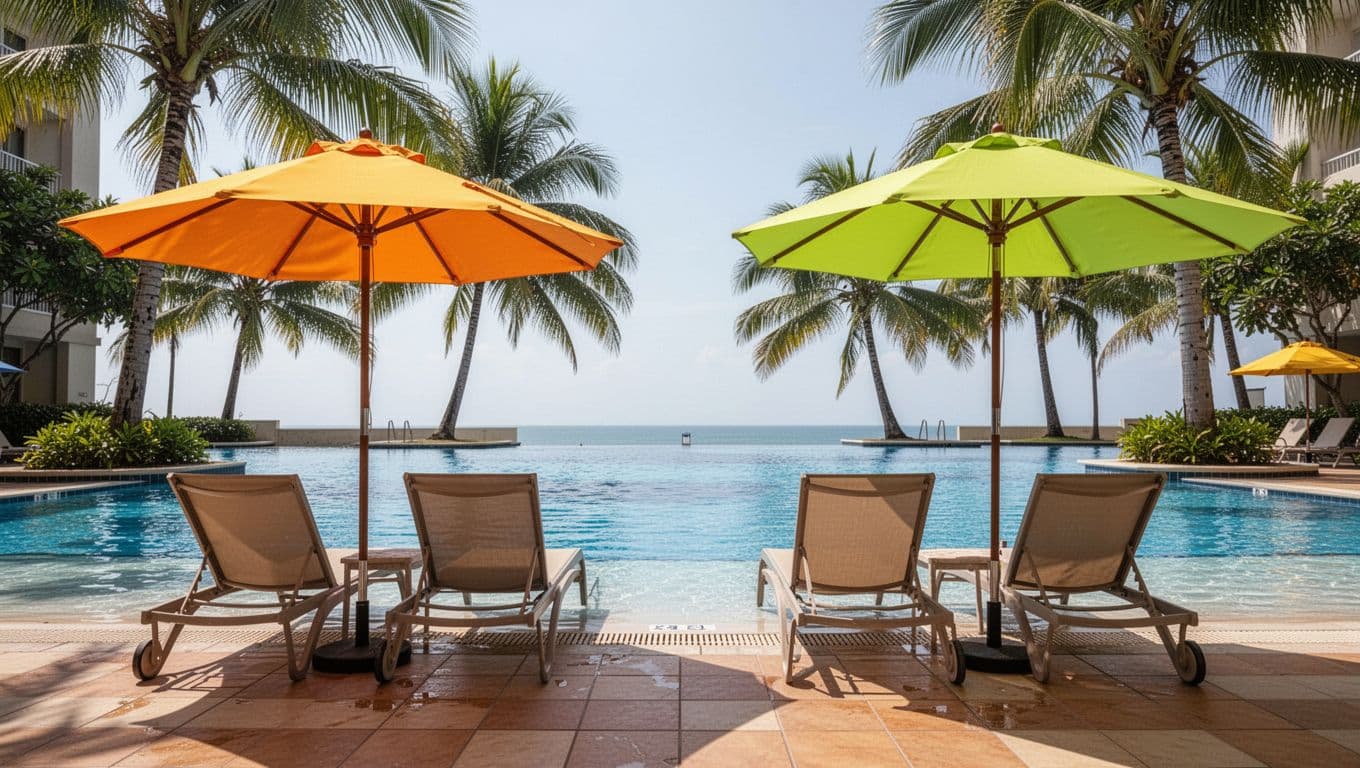 Sunny hotel family pool area with shallow end, two empty lounge chairs under umbrellas, and nearby palm trees in vibrant realistic photo style, landscape composition, no people.