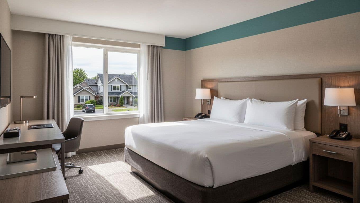 Realistic wide-shot photo of a clean hotel guest room with king bed, desk, suburban window view, neutral decor, and bright natural light. Bold 'Guest Rooms' title overlay at top.