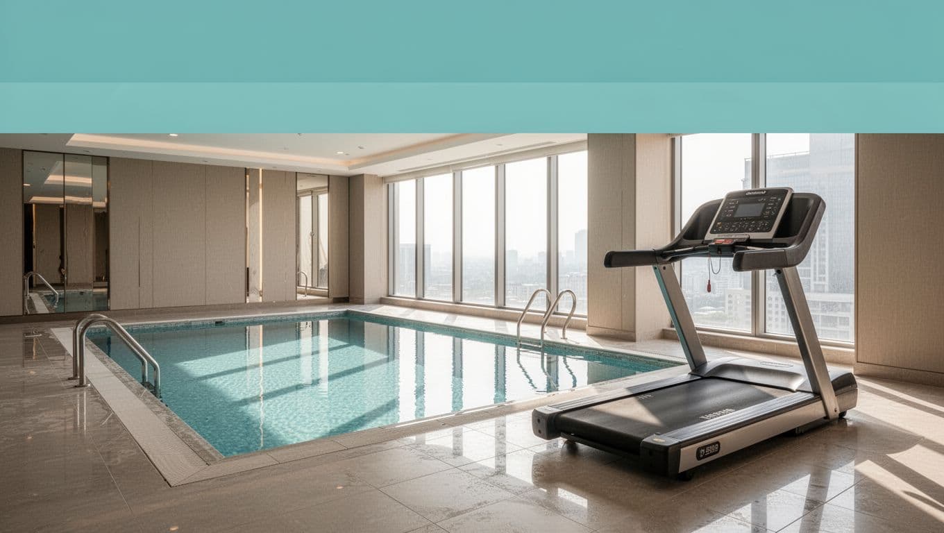 Indoor hotel pool and fitness area with one treadmill, bright morning light, green top band with 'Key Amenities' headline.