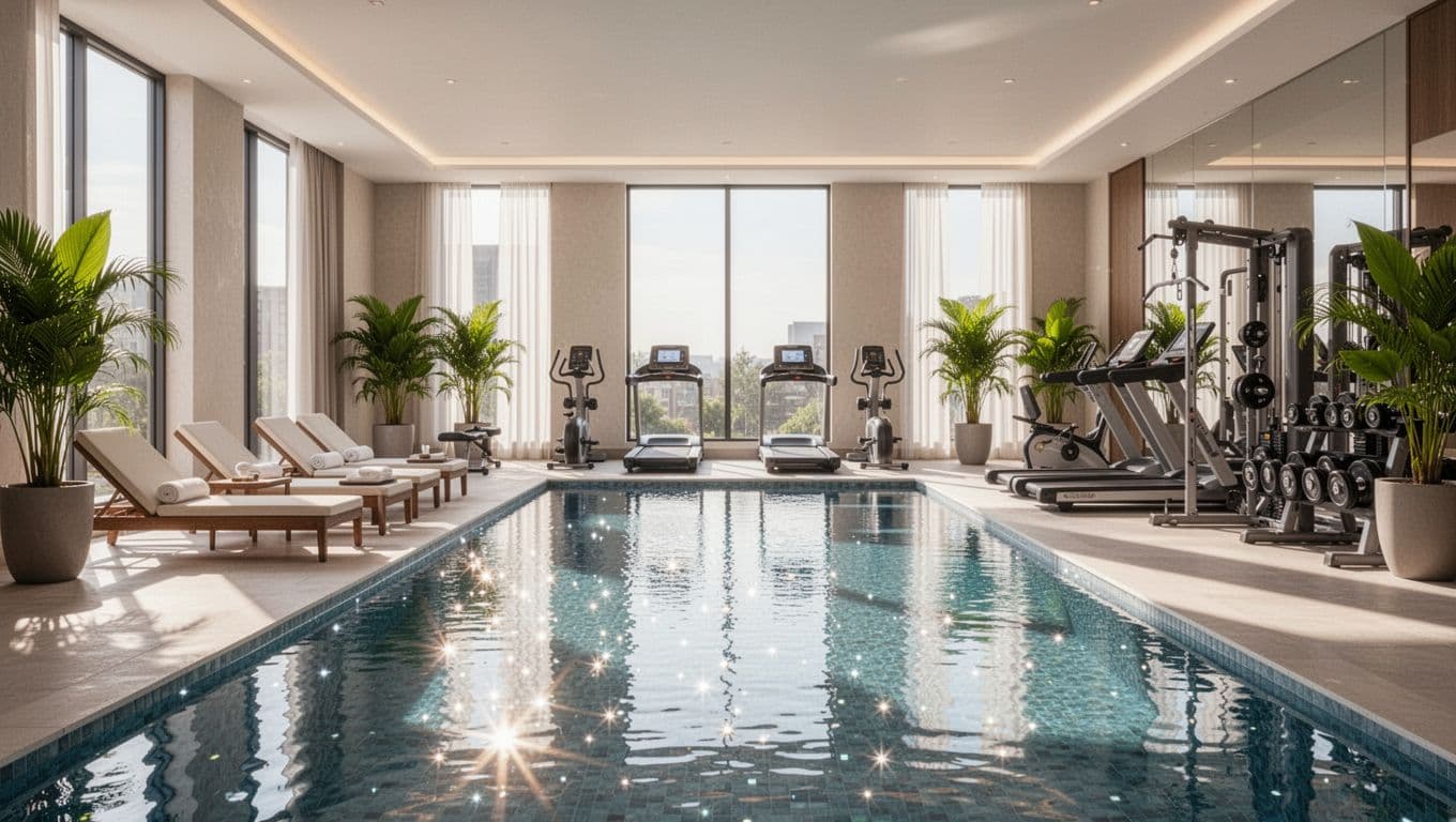 Bright indoor view of a modern suburban hotel's outdoor pool with lounge chairs beside a fitness gym featuring treadmills and weights, accented by green plants and natural daylight through windows. Top bold green header band displays 'Key Amenities' in large Title Case sans-serif font.
