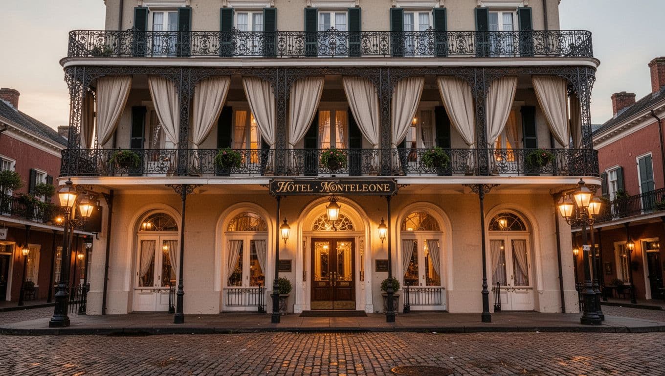 Photorealistic view of the Historic Hotel Monteleone facade in New Orleans French Quarter at dusk, featuring wrought-iron balconies, warm street lamps, and cobblestone street, centered on the entrance with golden hour lighting and a 'Luxury Picks' headline overlay.