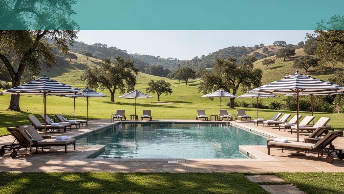 Hotel outdoor pool deck featuring lounge chairs and umbrellas, surrounded by lush green lawns and trees in the Shelby County Alabama foothills on a bright sunny day. Landscape composition with a bold 'Amenity Highlights' headline in a green band at the top and realistic photo style below.