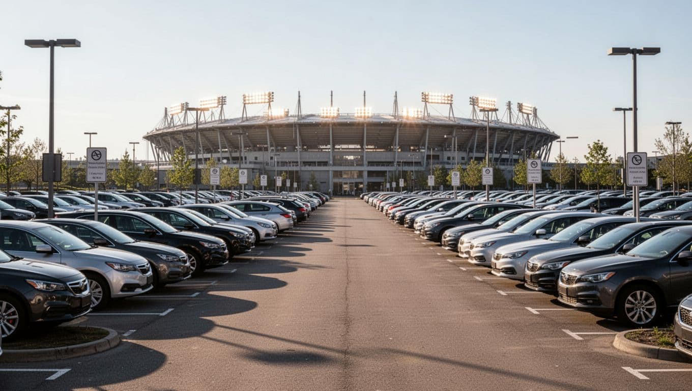 Daytime realistic photo of a hotel parking lot near Nissan Stadium, featuring parked cars, stadium lights in the distant background, and clear guest signage under bright natural light, with no people visible.