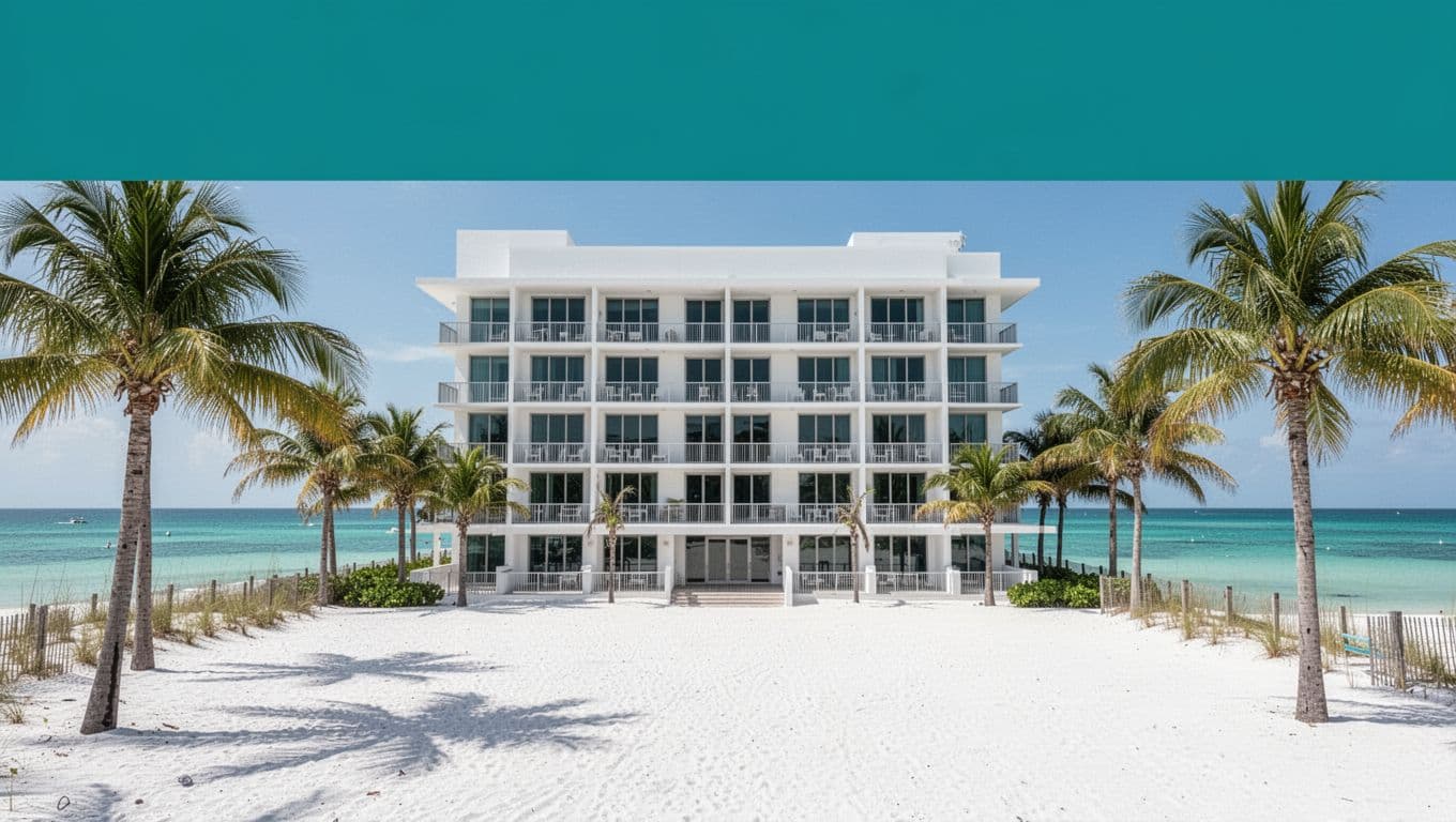 Editorial image featuring 'Hotel Picks' headline over a modern beachfront hotel exterior in Orange Beach, Alabama, with white facade, balconies, palm trees, white sand beach, and turquoise Gulf waters under sunny midday light.