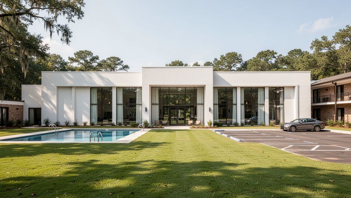 Realistic photo of a clean, modern hotel building like Hampton Inn in Alabama, showing facade, sparse parking lot with one car, visible pool, and green lawn on a sunny day with bright natural light. Features a bold edge-to-edge green banner at the top reading 'Hotel Picks' in Montserrat Black font.